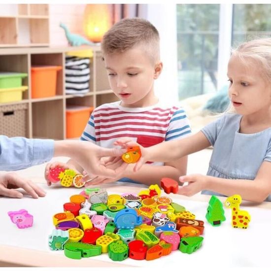 42pièces Perles de laçage en Bois Jouets,Jouet de Perles en Bois,Jouets de Filetage en Bois Montessori,Jouets en Bois d/'animaux et brochettes de Fruits Convient aux Enfants de 3 à 6 Ans