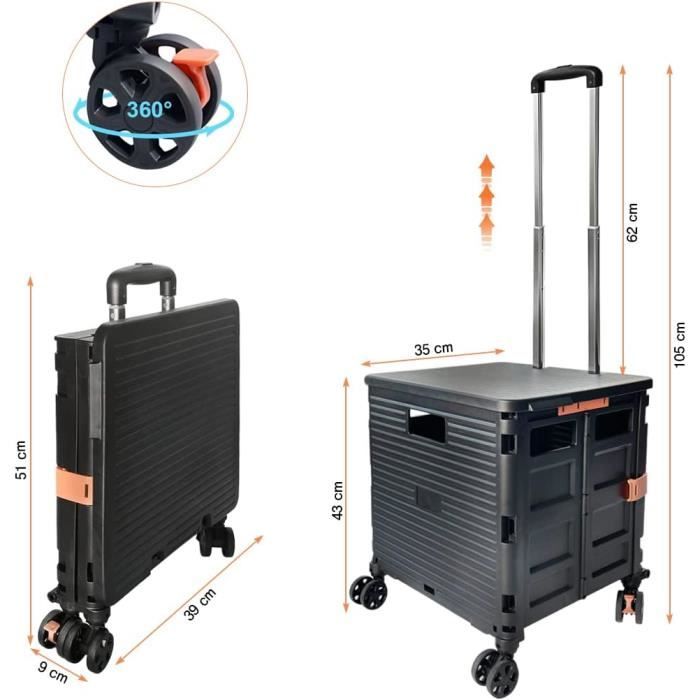 Chariot De Courses Pliable - Chariot Marché Avec 4 Roues Capacité De 45 Kg Poignee Confortable Noir