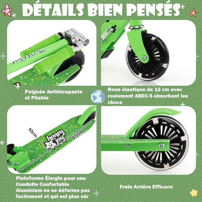 COSTWAY Trottinette Enfant Pliable – 3 Hauteurs Réglables, Roues 110mm Clignotantes, Frein Arrière, Charge 50kg, Pour 3-8 Ans