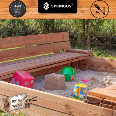 SPRINGOS – Bac à Sable Bois 120x120cm – Avec Bancs Dossiers – Fond Non-Tissé – Fabriqué UE