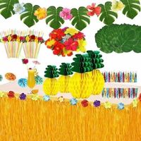 Hawaïenne Luau Table Jupe de Décoration fête, Feuilles hawaïennes de Palmier, Pailles Papier de Fruits 3D Tropicale Hawai-113 pcs