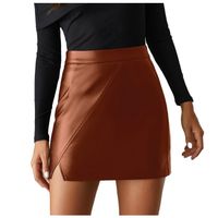 Mode Femmes Sexy Solide Irrégulière Jupe Courte Taille Haute Mini En Cuir brun26