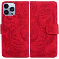 Housse Portefeuille iPhone 14 Pro Max - avec Porte Carteavec Magnetique et Support vidéo, Motif tête de tigre - Rouge