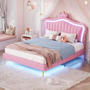 TÊTE DE LIT Lit rembourré-princesse 140x200 cm avec éclairage LED, tête de lit en forme de couronne et sommier à lattes, rose