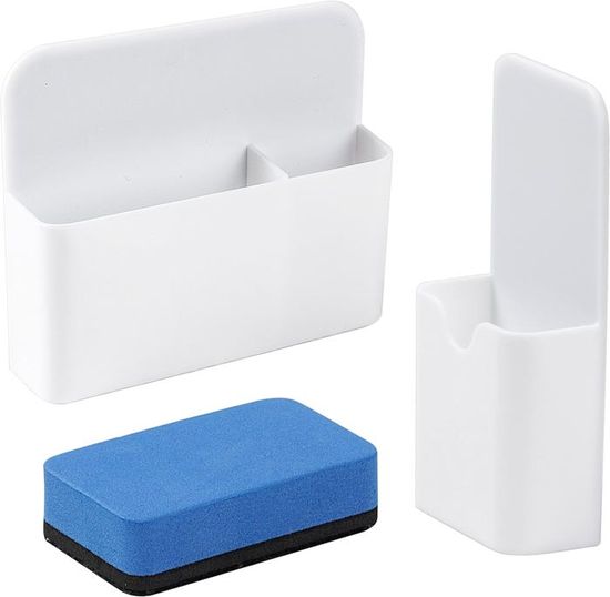 2 Porte-Stylos Magnétiques + 2 Éponges Tableau Blanc - Organisation Bureau/École - Blanc