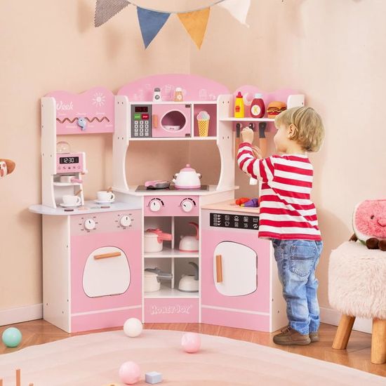 COSTWAY Cuisine D'angle En Bois Enfant Avec Lumières & Sons, Jeu De Cuisine Enfant Avec Refrigerateur Poubelle Machine A Glacons Micro Ondes 22 Accessoires Tableau Noir Pour 3 Ans 91856921