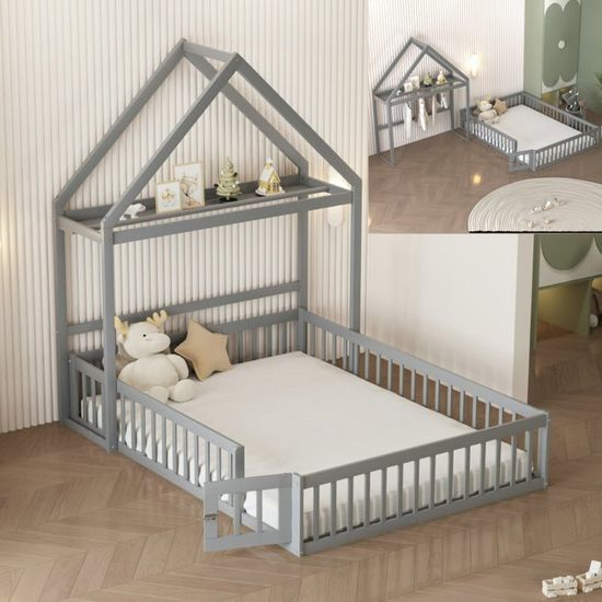 Lit Enfant 140x200 Cm En Bois Avec Barrières Et Porte - Cadre De Lit Évolutif Sécurisé - Pour Enfants/Ados