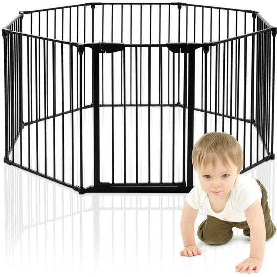 Barrière de Sécurité Enfant Bébé Animal, Grill de Protection Clôture de Cheminée en Fer, 5 Barreaux avec 1 Porte, 380X74,5CM (Noir)