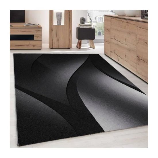 Tapis moderne poil court pour le salon avec un design abstrait vagues facile entretenir Couleur: Noir Taille: 80 x 300 cm