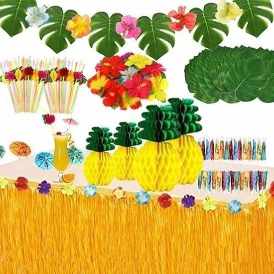 Kit Décoration Fête Hawaïenne 156 Pièces - Jupe De Table, Guirlandes, Parapluies, Flamants Roses - Thème Tropical Plage - 4