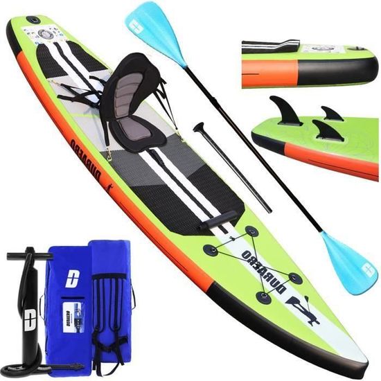 Stand up paddle Gonflable SUP Board, siège kayak, 330 x 76 x 15 cm, jusqu'à 130 kg, double pagaie réglable, accessoires complets, ve