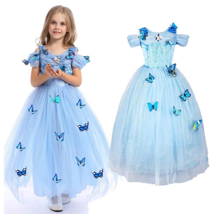 Filles Cendrillon Butterfly Princess Cosplay Fête Deguisement Robe - 110cm - 3-4 Ans (Bleu)