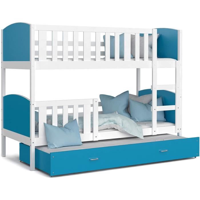 Lits pour enfants KIDS LITERIE LIT SUPERPOSÉ 3 Places Tomy 90x190 Blanc Bleu Livré avec 3 sommiers et 3 Matelas en Mouss 377883