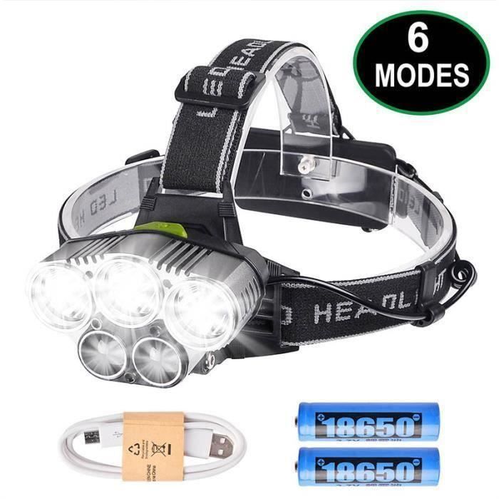 Ywei Lampe Frontale Rechargeable, 5000Lumen Eclairage Puissante Ultra USB Rechargeable 5 LED 6 Modes d’Eclairage 2 Batteries