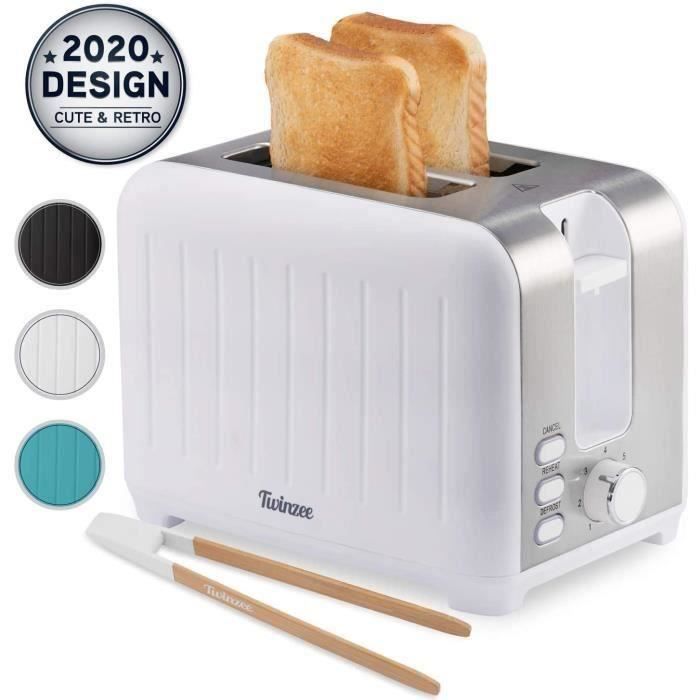 Grille Pain 3 en 1 - Blanc Mat en Inox - 2 Large Fente Toaster Vintage - Pince en Bambou Gratuite - 7 Niveaux de Brunissage - 850W
