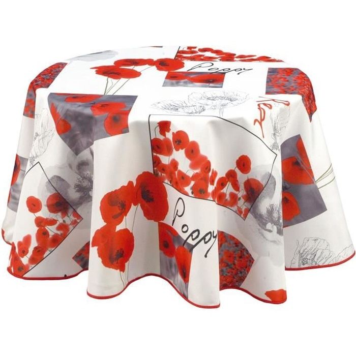 Nappe en toile cirée ronde coquelicots Poppy - Diam. 135 cm - Blanc