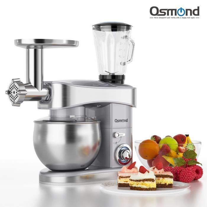 OSMOND Robot Pâtissier Multifonction 1200W 6 Vitesses - Bol 6.5L INOX - Extracteur de Jus 1.5L - Hachoir à Viande Mixeur Petrin NOEL