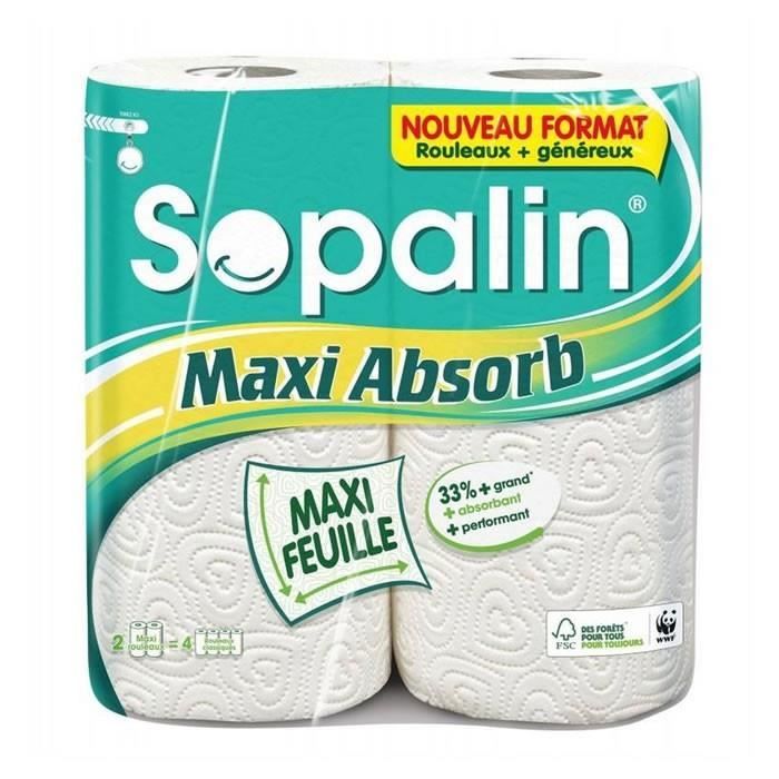LOT DE 4 - SOPALIN Maxi Absorb Essuie-tout maxi feuille maxi absorbant - 2 rouleaux