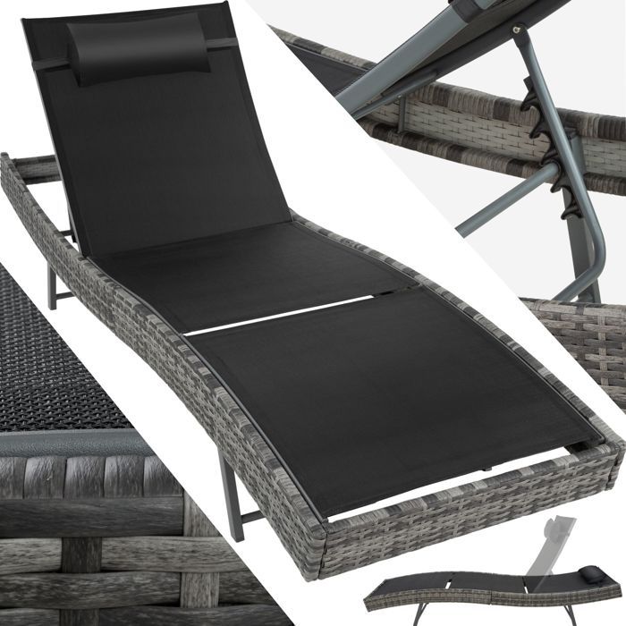 TECTAKE Transat de Jardin en Résine Tressée 211 cm x 69 cm x 94 cm Gris foncé + Coussin