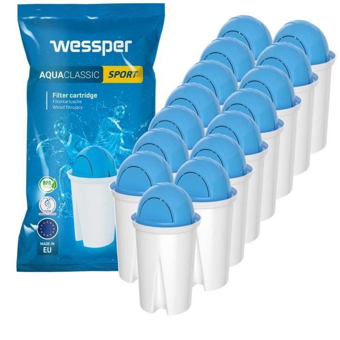 Wessper AquaClassic Sport Cartouche Filtrante pour Carafe - Compatible avec BRITA Classic, Aqua Optima, PearlCo, AquaCrest – Pack 15