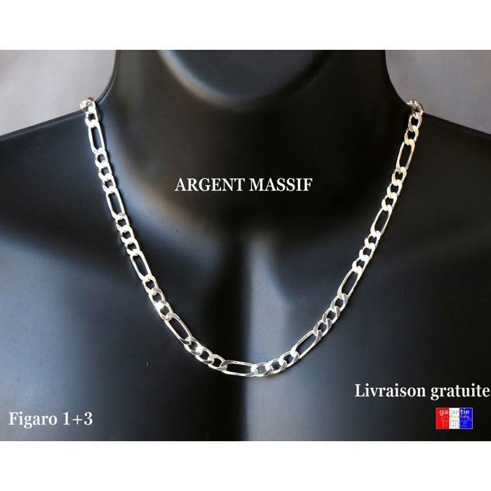Belle Grosse chaine 55cm pour homme en argent massif 925 maille figaro 6mm Belle Grosse chaine 55cm pour homme en argent massif 925 maille figaro 6mm