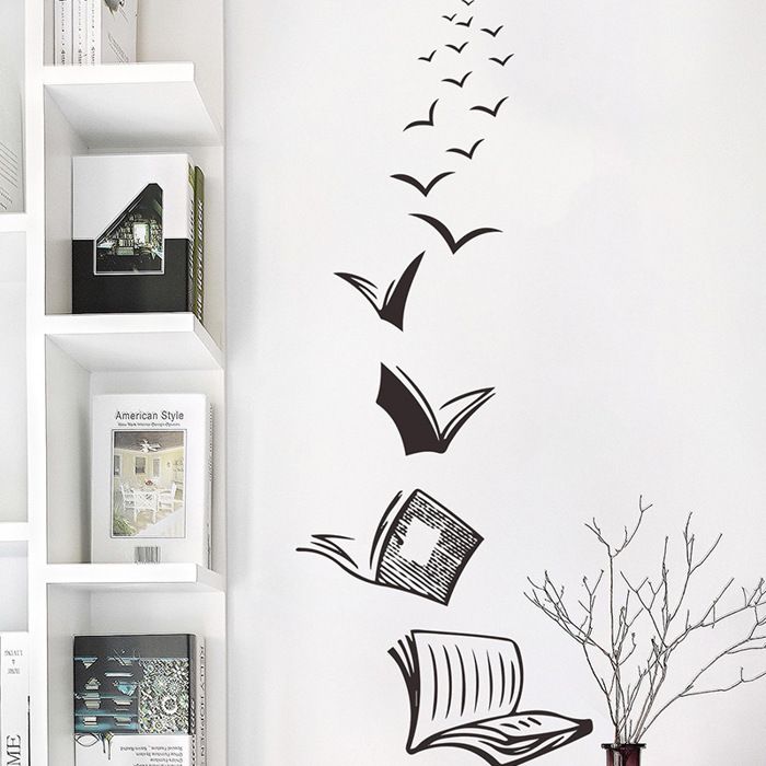 Stickers muraux livre volant en noir 42x110cm Sticker mural chambre dadolescent fille et garçon lecture Autocollant mural