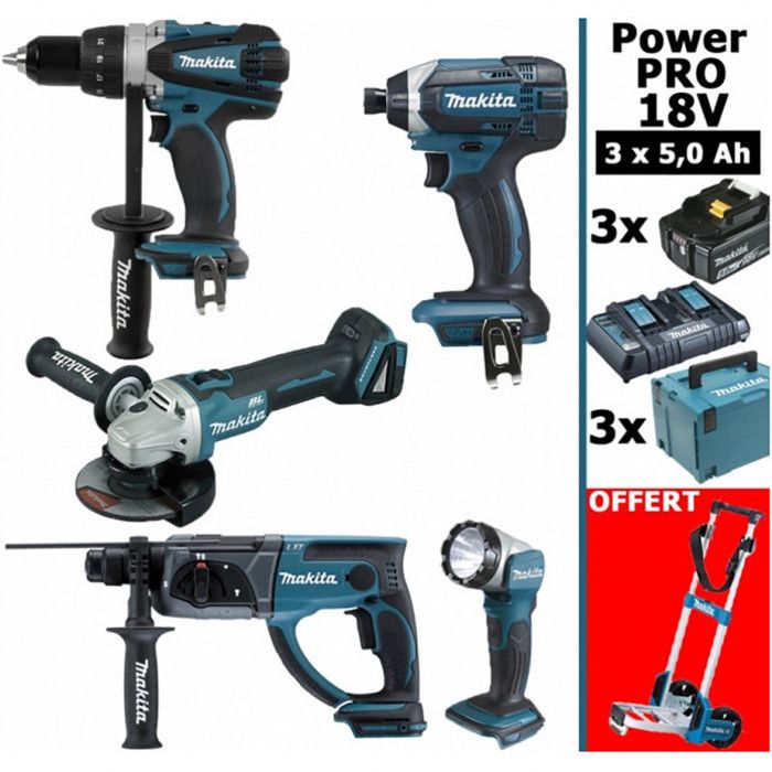 Makita France Pack Makita Power PRO 6 outils 18V: DDF458 + DHR202 + DGA504 + DTD152 + DJV180 + Lampe + 3 batt 5Ah + sac - vue 3
