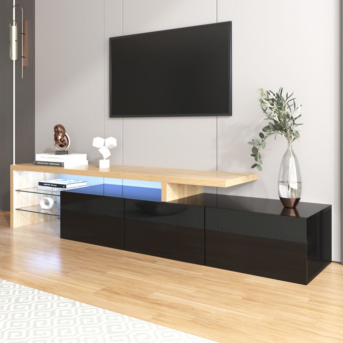 Meuble TV Armoire avec éclairage LED - Style Moderne - étagères en Verre - Buffet Bas Salon Espace de Rangement - Noir