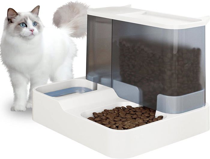 Comparer les prix de Distributeur Automatique de Nourriture et deau pour Chat et Petit Chiens 2 en 1 3.8 L Fontaine Mangeoirs et Abreuvoirs (Blanc)