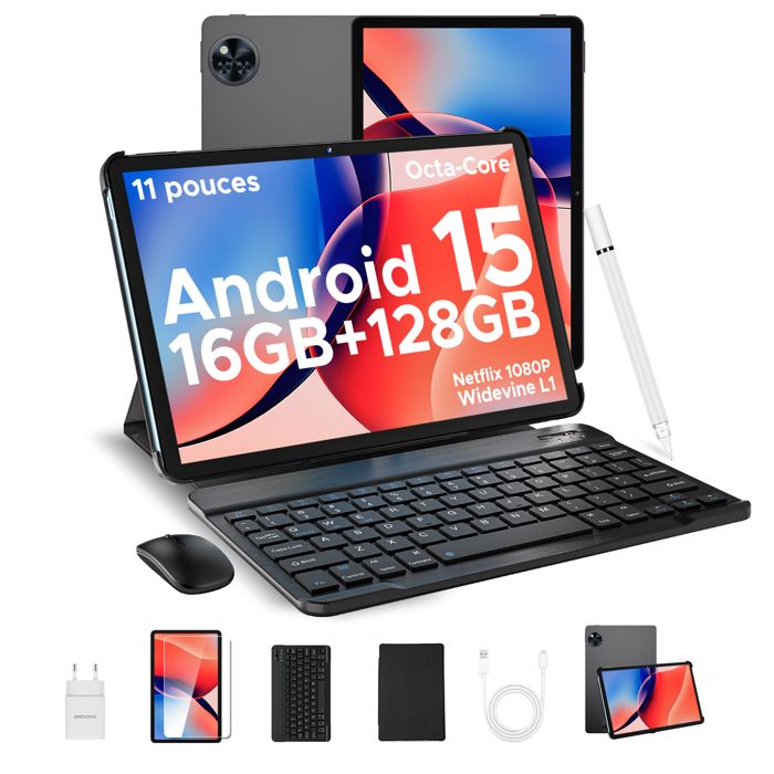 Tablette tactile 11 pouce DOOGEE U11 Avec clavier 4+5 Go étendue + 128 Go Batterie 8580mAh Android 15 Widevine L1WiFi6 PC – Noir