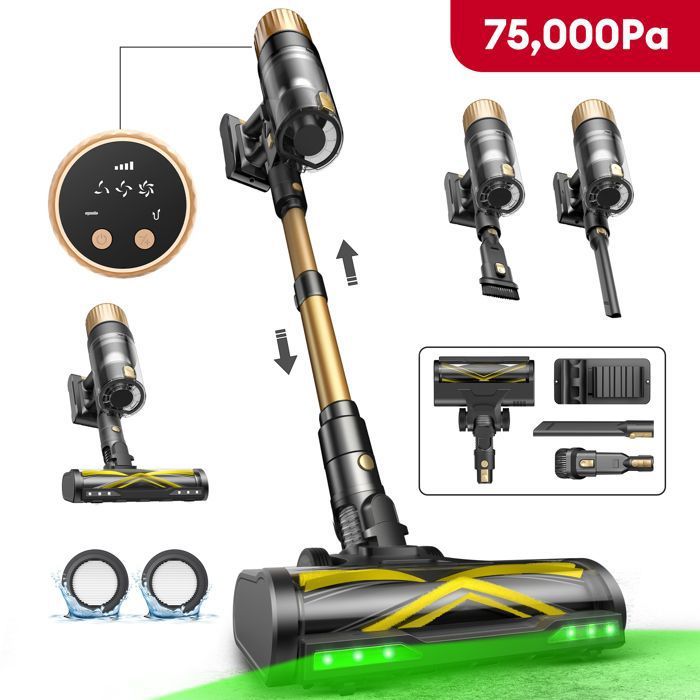 Aspirateur balai sans fil Ultenic UU15 – Auto-portant - 70 min- 580 W - 150 AW - 75 kPa - Écran LED - Batterie amovible - GreenEye