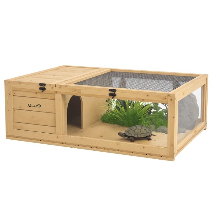 Meilleurs prix pour Maison pour tortues - PawHut - avec 2 espaces, loquets verrouillables - 91 x 60,5 x 32 cm - bois massif - jaune clair