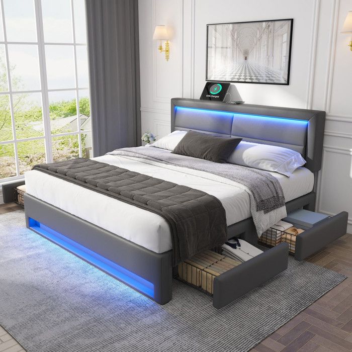 Lit double 140x200 cm en pu avec USB et éclairage LEDlit coffre avec 4 tiroirs et sommier à lattes pour enfant/adultegris