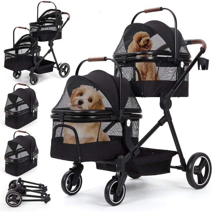 Double Poussette Pliable Pour Chien Chat Jusqu'À 15 Kg, Avec