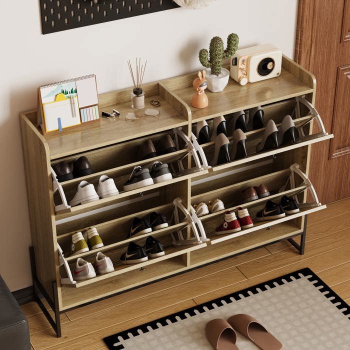 Meuble à chaussures - MODERNLUXE - 121x25x91 5cm - 4 portes abattantes - Rotin - Naturel