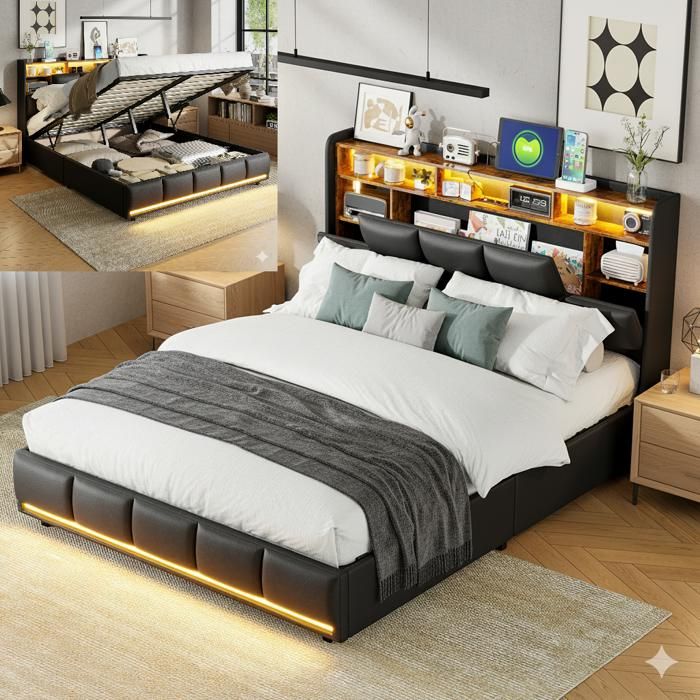 Lit 160x200cm - DREAMMESPACE - Cuir noir - LED - Chargeur USB - Rangement coffre