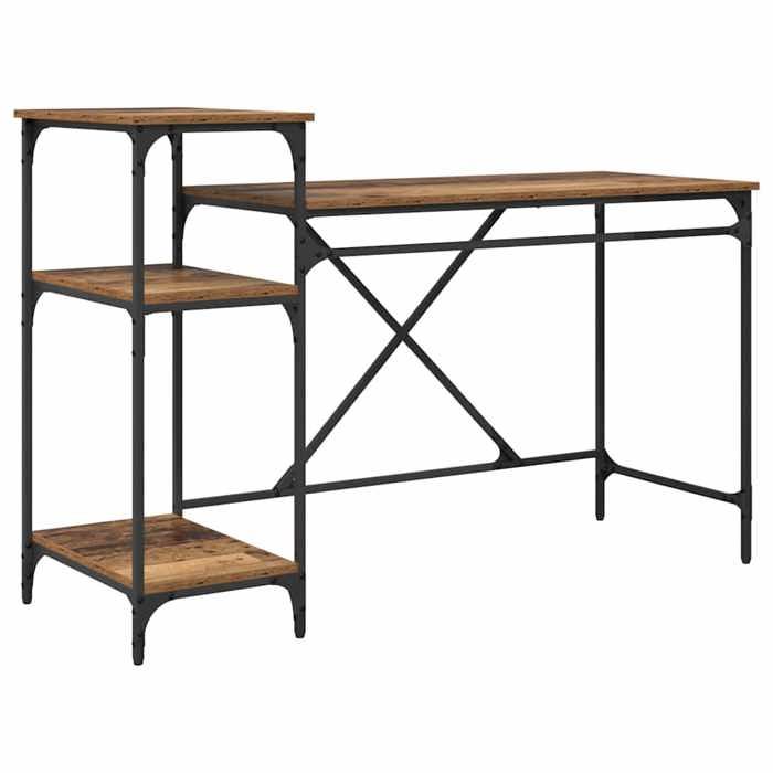 Bureau industriel avec étagères - GKO - Bois ancien - 135x50x90 cm - 3 étagères - Grand espace de stockage