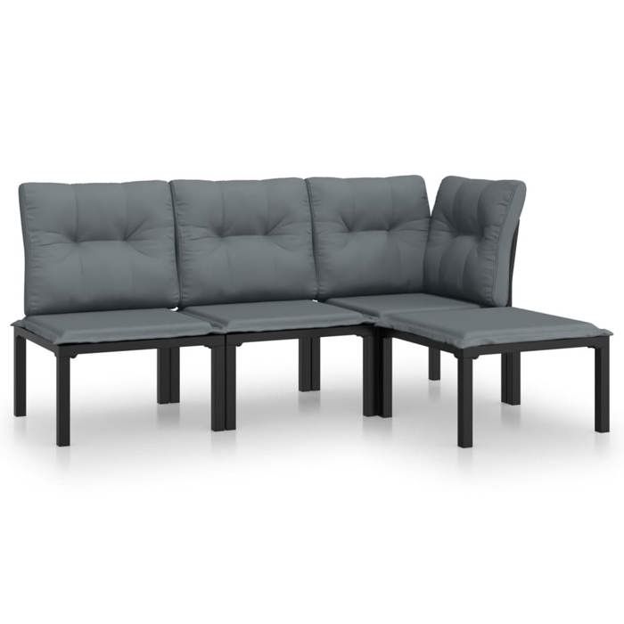 Salon de jardin résine tressée - BURKE - 4 pièces - Noir et gris - Résine tressée - Modulaire - Coussins rembourrés