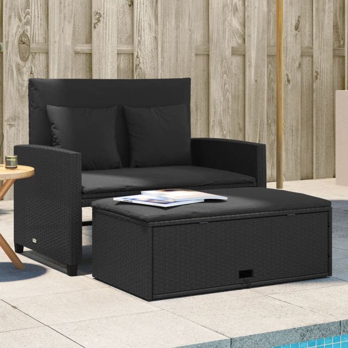 Canapé de jardin 2 places en résine tressée - vidaXL - Noir - 115x75x91 cm - Convertible en lit