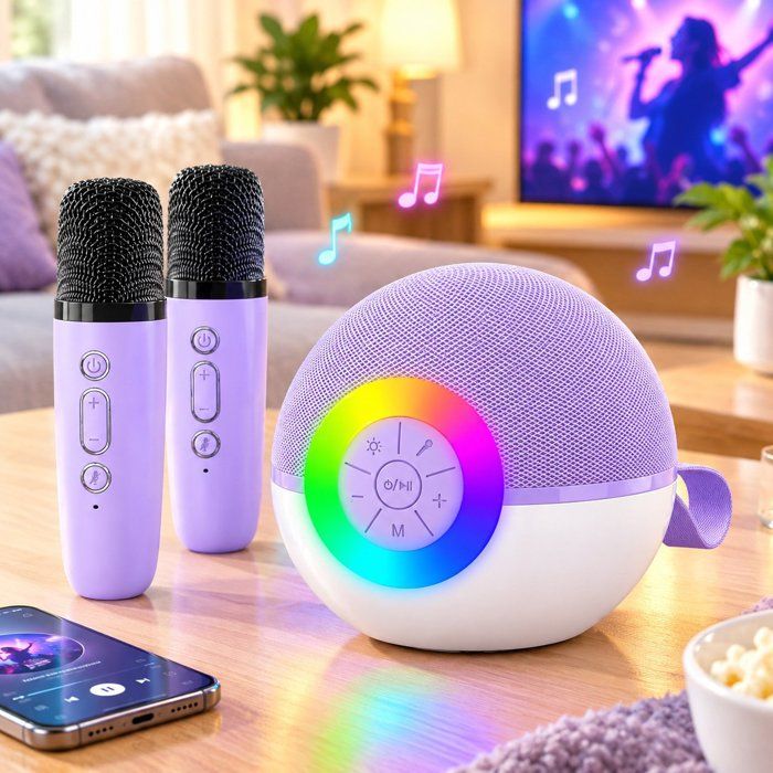 Machine de Karaoké pour Enfants – Haut-Parleur Bluetooth Portable avec Deux Microphones Sans Fil / Système de Karaoké pour Enfants Rechargeable avec Lumières DEL, Rose