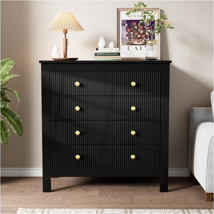 Buffet Commode Table de chevet avec 5 Tiroirs Poignées dorées Pour salon chambre 79L x 39.5l x 80.5Hcm Noir