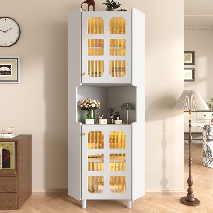 Vitrine-argentier Meuble dangle blanc laqué 63.5x157.5cm avec LED - Commode bibliothèque multifonction salon salle de bain chambre Vitrine-argentier Meuble dangle blanc laqué 63.5x157.5cm avec LED - Commode bibliothèque multifonction salon salle de bain chambre