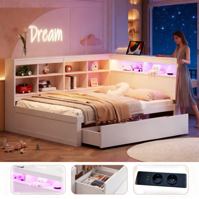 Lit Double 140x200 avec Rangements LED et Ports USB Massif Bois Blanc Grands Tiroirs et Étagères - Lit 2 Places