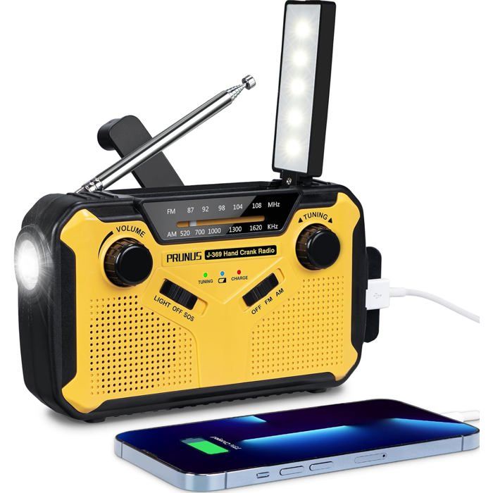Portable Radio Dynamo Survie J-369 AM/FM Radio à Pile avec 3000mAh Power Bank/SOS Alarm/Lampe Poch/Panneau Solaire (Jaune)