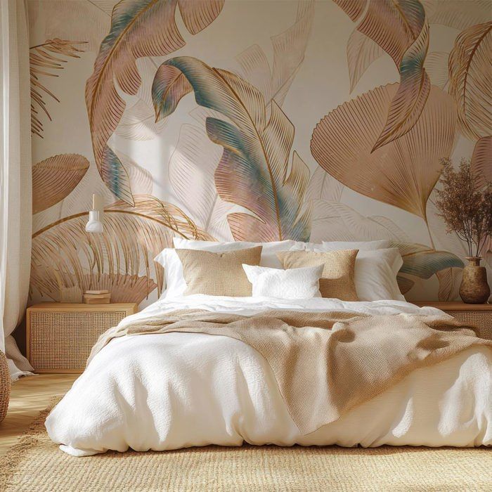 Papier peint feuillage tropical pastel doré ambiance douce - Cdiscount ...