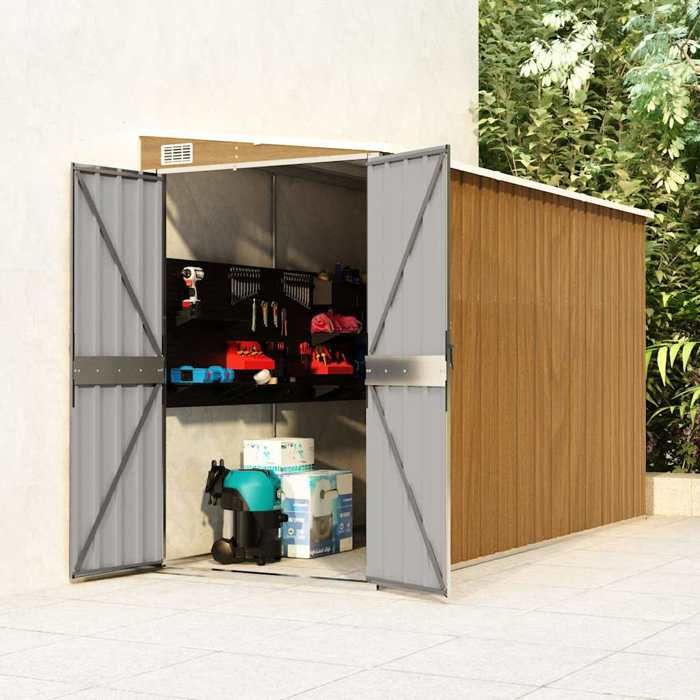 Abri de jardin mural - vidaXL - 118x288x178 cm - Acier galvanisé - Marron aspect bois - Portes à double ouverture