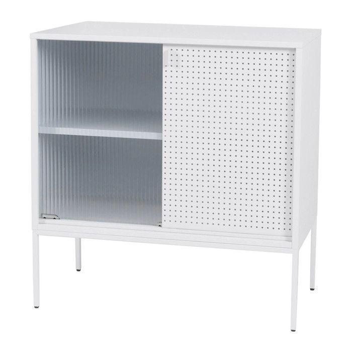 Commode HWC-O90 armoire buffet haut rangements industriels portes coulissantes métal 85x80x45cm- blanc Commode HWC-O90 armoire buffet haut rangements industriels portes coulissantes métal 85x80x45cm- blanc