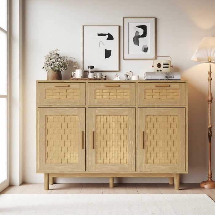 Buffet bas - 3 portes 3 tiroirs - Rotin et bois - 107.9x40x80 cm - Style scandinave moderne