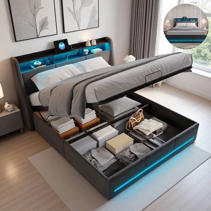 Lit rembourré 140x190 cm avec LED et USB, lit double avec 4 tiroirs, lits avec