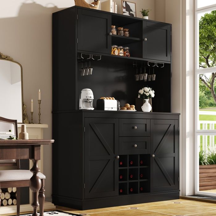 Buffet haut salle a manger -Meuble vaisselier cuisine avec éclairage LED -Armoire noir avec 4 portes et 2 tiroirs-120 x 40 x 188 cm